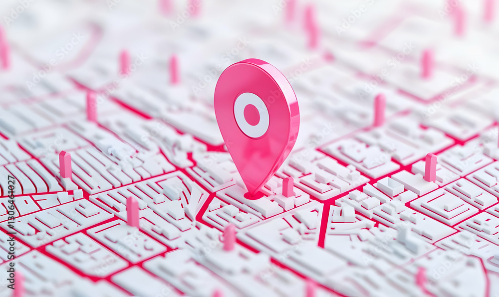 Poster pink map pointer on city map representation with 3d effect design