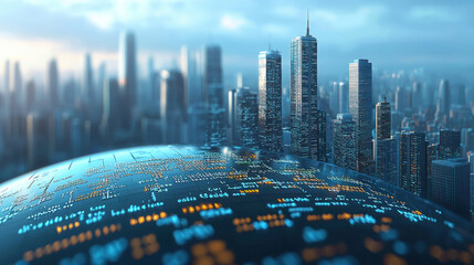 City skyline with digital globe, showcasing urban development and technology