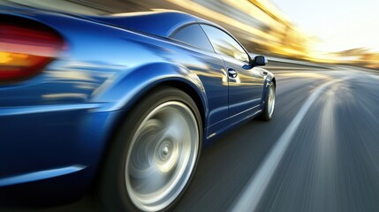 High-Speed Blue Sports Car Racing on Urban Road with Motion Blur Captured During Sunset or Sunrise for Dynamic Automotive Advertisement