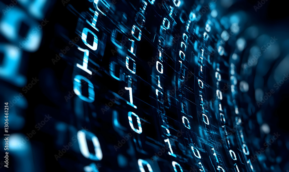 Poster Glowing Binary Code Stream in Abstract Digital Environment