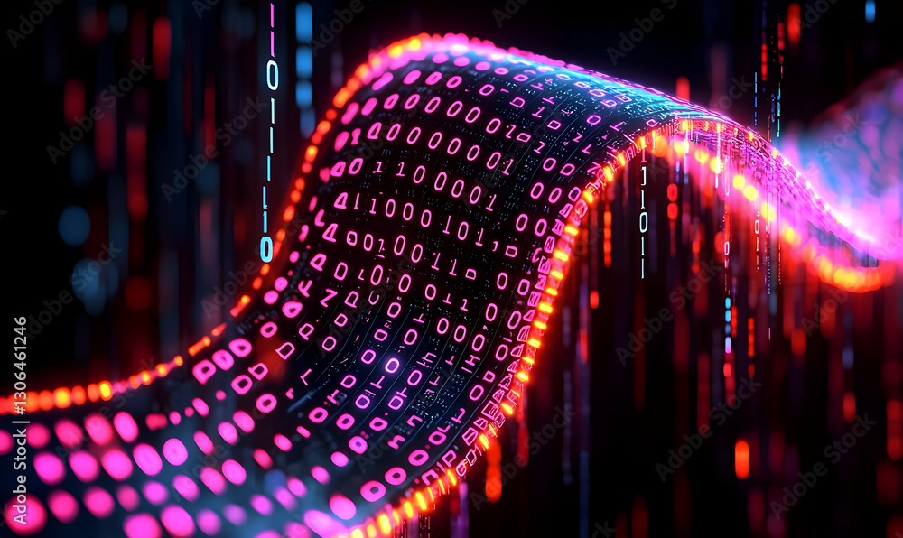 Poster colorful flowing binary code in abstract digital landscape