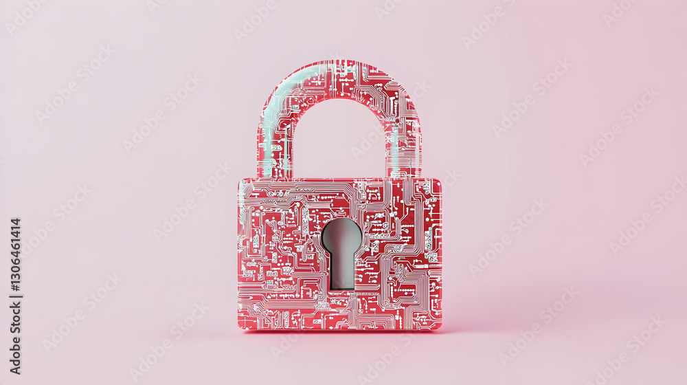 Poster digital lock with circuit pattern on pink background