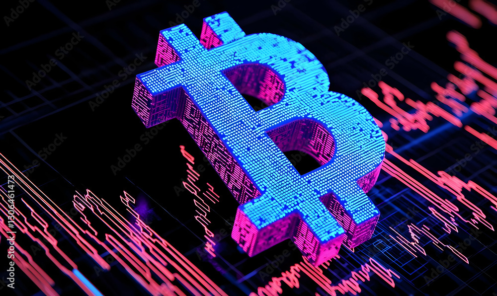 Poster 3d bitcoin symbol with digital graph background for cryptocurrency concepts