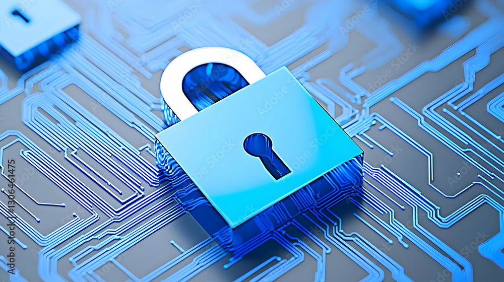 Poster digital security concept with lock on circuit board background