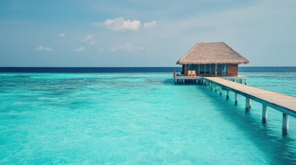 Serene tropical overwater bungalow on a wooden pier with stunning turquoise lagoon and clear blue sky ideal for relaxation and vacation escape