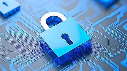 Digital Security Concept with Lock on Circuit Board Background