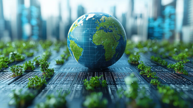 holographic globe representing green energy and stock market, surrounded by small plants in futuristic cityscape. image conveys sense of sustainability and innovation