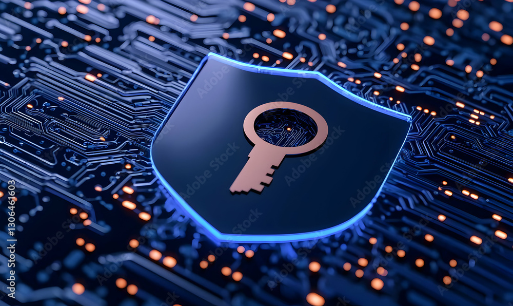 Poster digital security concept with shield and key on circuit board background