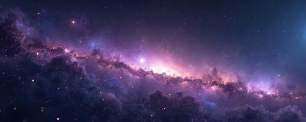 Abstract starry space background with shining star dust and nebula. Realistic galaxy milky way view with planets. Purple cosmic night sky with calm glistering stellar light and galactic cluster.