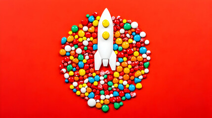 Obraz premium Colorful Rocket Surrounded by Various Spheres on a Bright Background