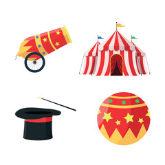Vintage circus items icon set. Circus tent, cannon, ball and magician's hat. © artsquirrel