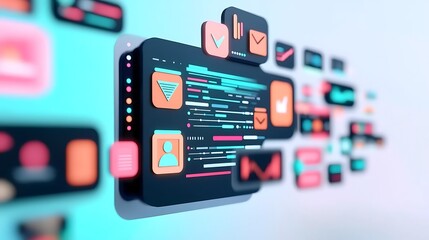 A modern digital interface showcasing various app icons and code snippets, illustrating the concept of data management and software development.