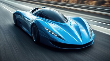 Futuristic Blue Sports Car in Motion on Open Road with Dynamic Speed Effect Displaying Aerodynamic Design and Sleek Appearance