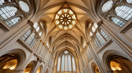 Obraz premium Grand cathedral interior with gothic vaulted ceilings and intricate stained glass windows. Historical and religious architecture