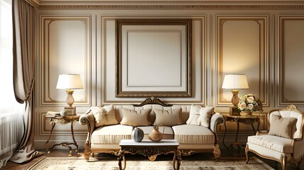Stylish modern classic living room with a 3D-rendered frame mockup, complemented by tasteful decor and warm ambiance