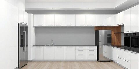 Fototapeta premium Modern kitchen with white cabinets, light brown wood paneling, integrated stainless steel refrigerator, sleek design, black elements, sleek design, stainless steel