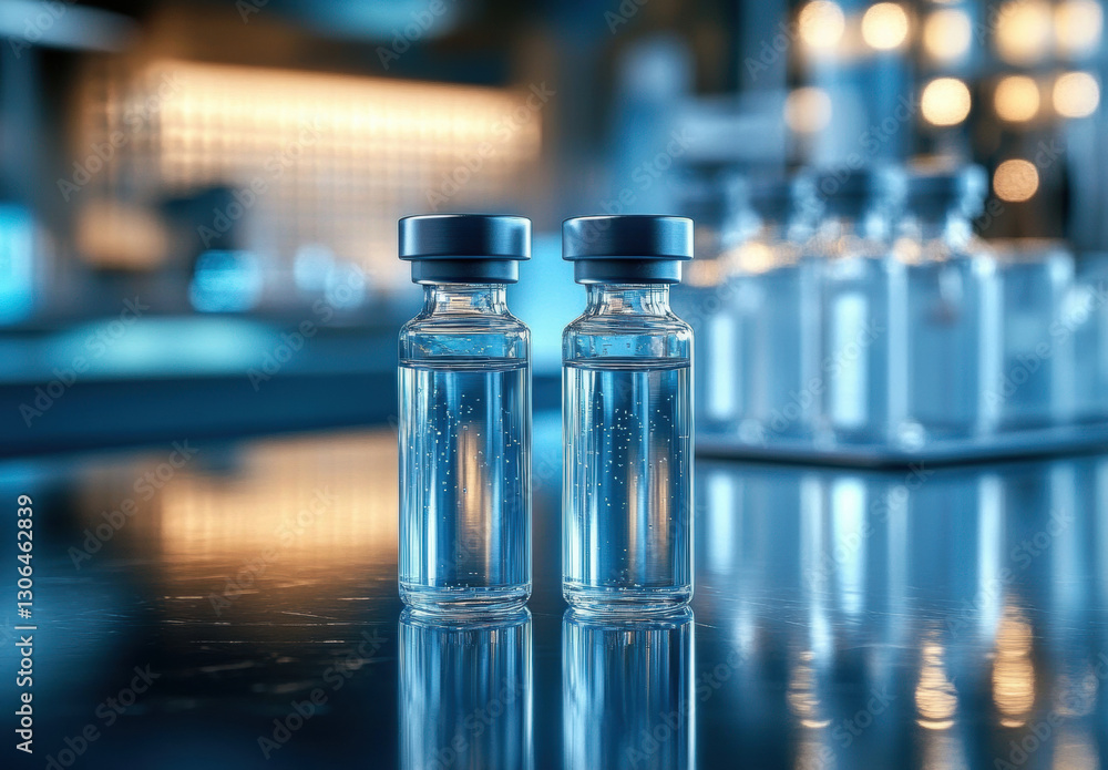 Poster two vials with clear liquid on laboratory table, showcasing modern lab environment with soft lightin