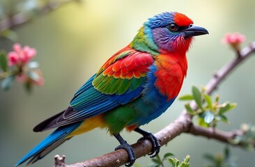 Obraz premium A brightly colored parrot sits on a branch of an exotic tree.