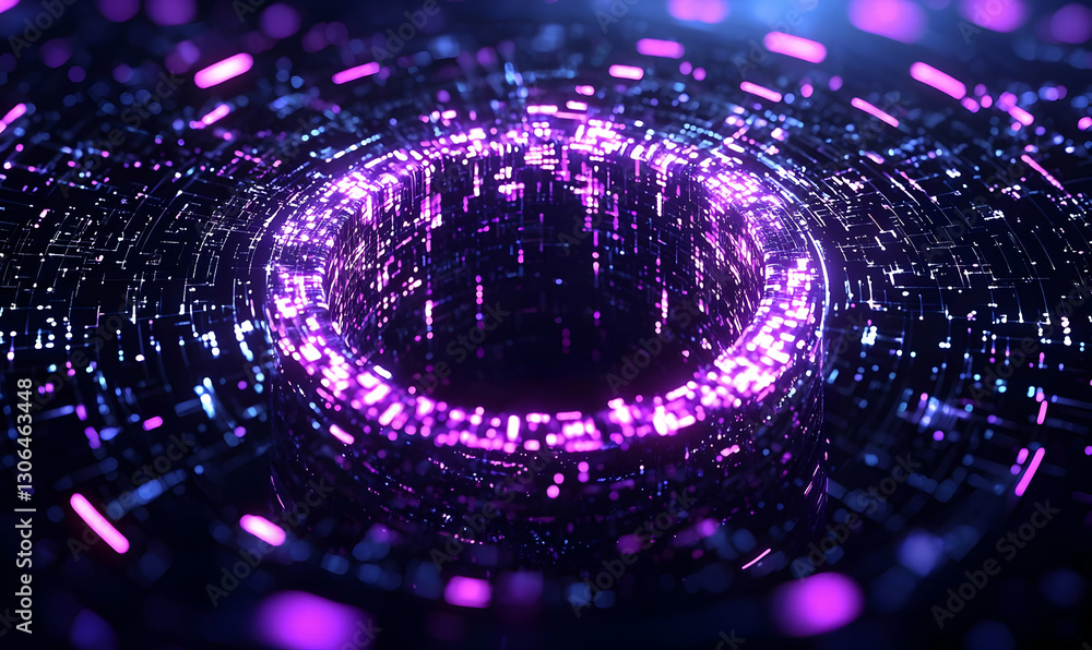 Poster vibrant circular digital background with hexagonal patterns and lights