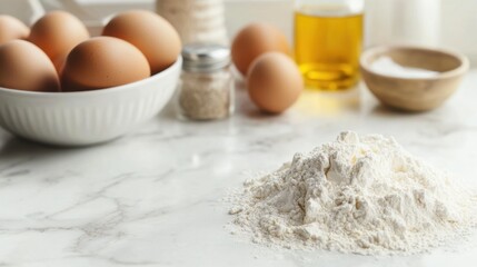 Fresh Ingredients for Baking and Cooking in a Kitchen Environment with Eggs, Flour, Oil, and Cooking Essentials for Culinary Creations