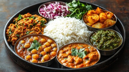 Indian food Thali Dish top view on a dark brown background