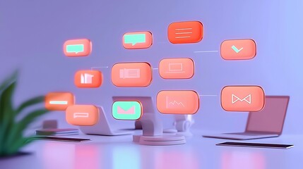 A visually engaging workspace featuring laptops and floating icons representing communication and digital interaction.