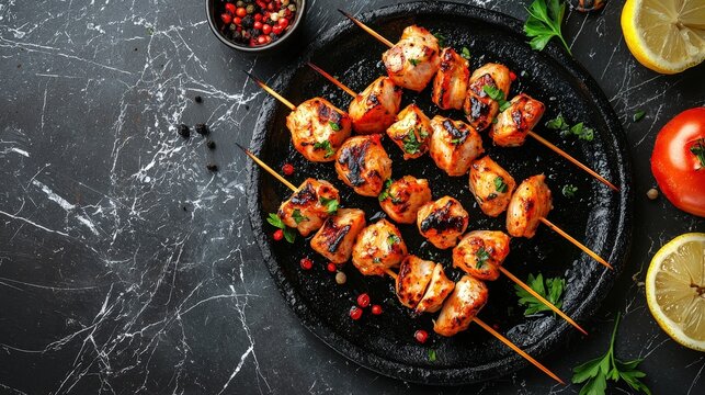 Sea food Espetada Portuguese skewer Dish top view on a dark marble background