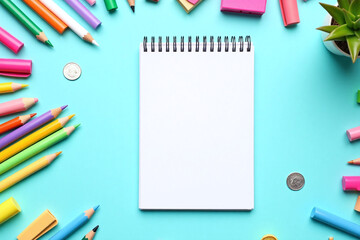 notepad pens pencils erasers and other office supplies on a blue background