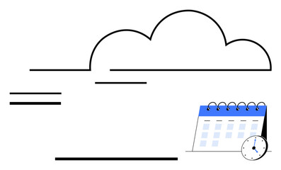 Large cloud with abstract lines representing connectivity. A calendar and clock symbolize time management, planning, and organization. Ideal for cloud computing, scheduling, productivity, planning
