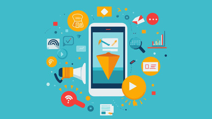 Flat Design Mobile Marketing Concept with Various Icons Including Megaphone, Graphs, and Message Notifications Illustrating Online Advertising and Promotion Strategies