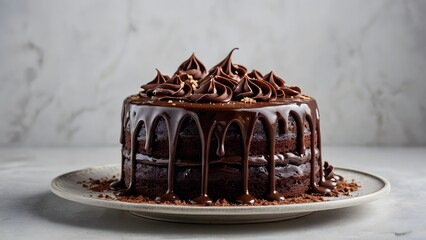 Decadent double layer chocolate cake adorned with rich ganache drizzle