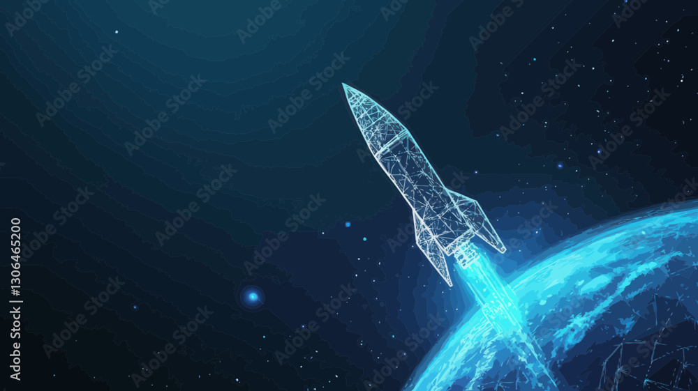 Poster digital wireframe rocket in earth's orbit with futuristic blue technological background and 3d low p
