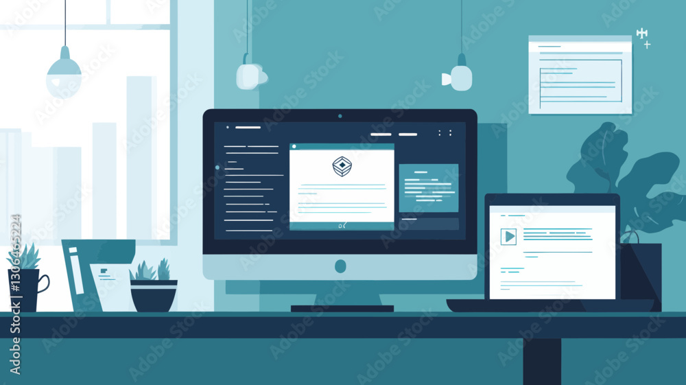 Poster modern flat design banner for web development and graphic design with desktop and laptop in office s
