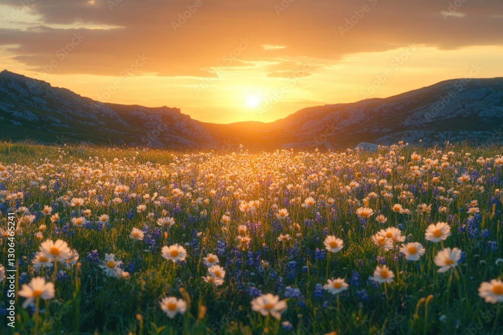 Poster a picturesque scene of a field of flowers with the sun setting in the background, perfect for use in