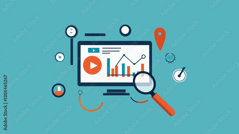 Poster search engine optimization concept vector with graph, magnifying glass, and analytics on computer sc