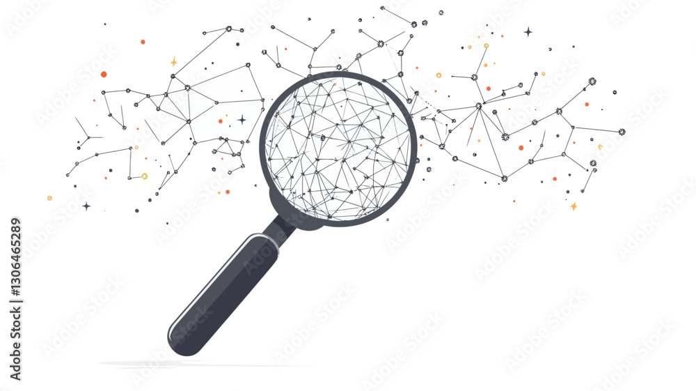 Poster abstract magnifying glass with connected starry network constellation on white background - space ex