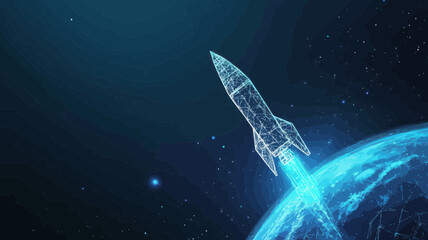 Naklejka premium Digital Wireframe Rocket in Earth's Orbit with Futuristic Blue Technological Background and 3D Low Poly Polygonal Science Art