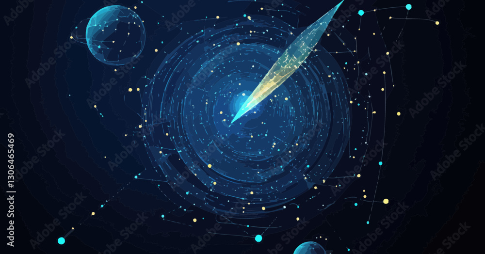 Poster abstract minimalist vector illustration of a target in a starry sky with planets and stars represent