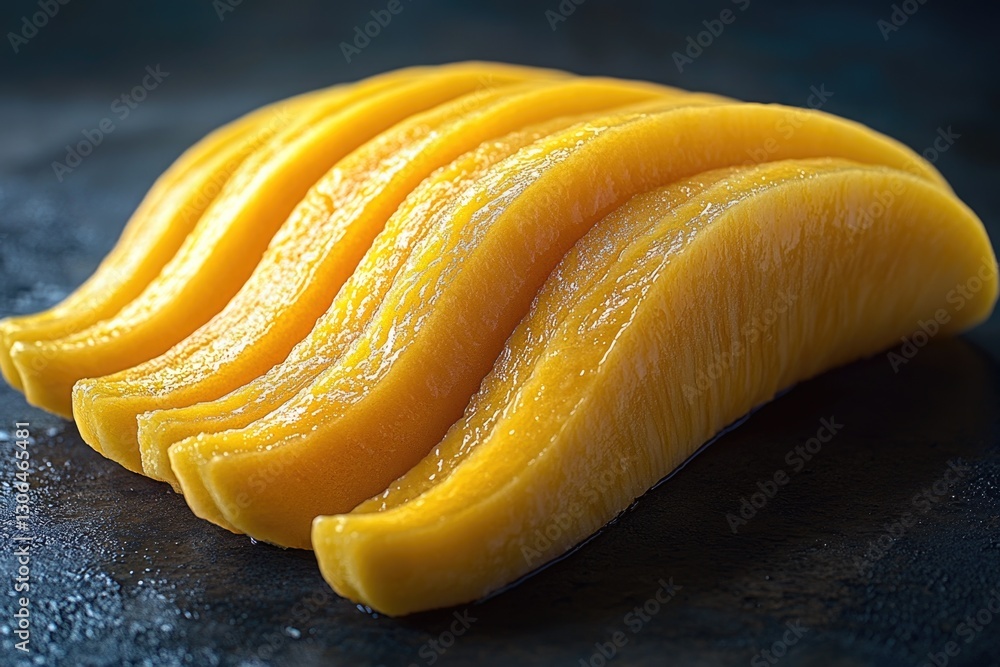 Poster a slice of ripe mango on a table, perfect for food styling or garnishing