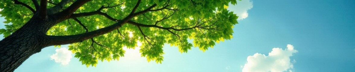 Obraz premium Tree's leafy canopy stretches towards the sky in solitude, leaves, serenity, serene