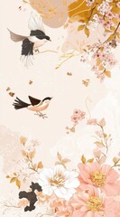 Delicate, artistic floral design with birds in flight, pastel colors, and blooming flowers.