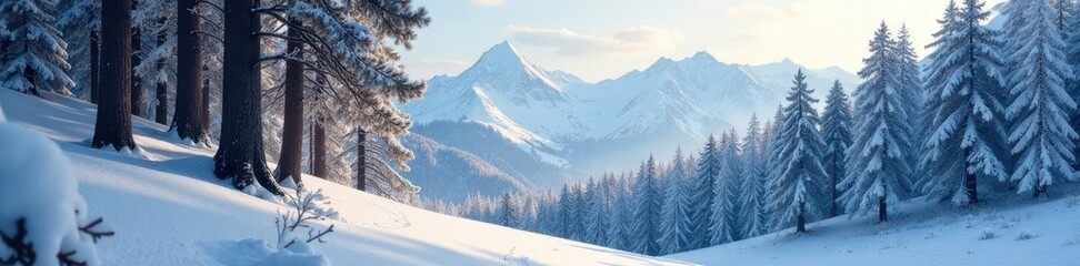 Obraz premium Tree trunks and branches stretch across a snowy mountain, forest landscape, branch