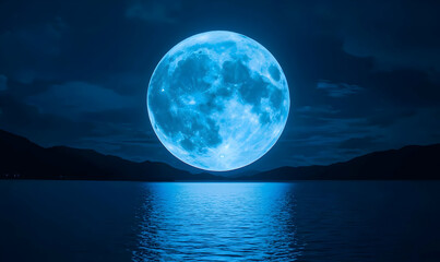 Majestic Blue Moon Over Serene Waters at Nighttime Landscape Scene