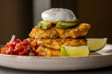  delicious corn fritters with salsa and poached egg – the perfect brunch