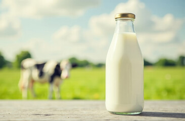 bottle of fresh milk, yogurt or kefir on a table in a field and a cow grazing on a green meadow