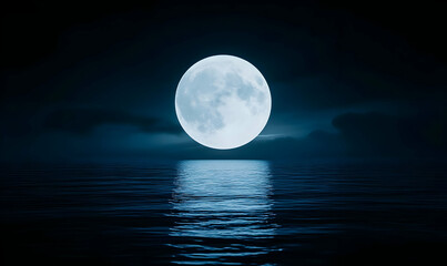 Full Moon Over Calm Ocean Water at Night with Reflection