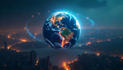 Obraz premium An illuminated Earth with orbiting satellites emitting beams of light, vibrant data streams connecting to global ground stations, dark space backdrop, neon blue highlights,, created with generative ai