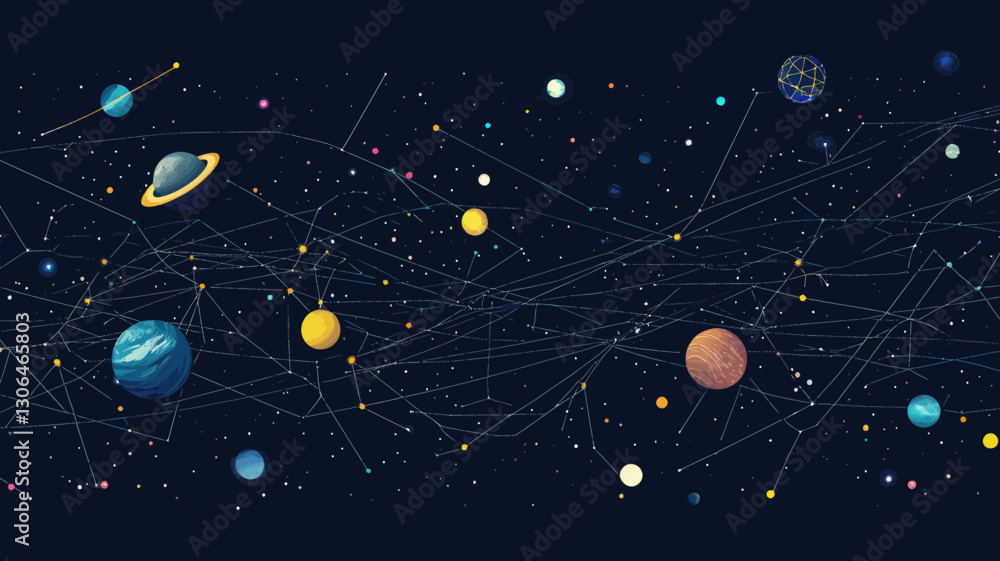 Aufkleber abstract chain links space concept: vector wireframe of planets, stars, and universe in minimalist s