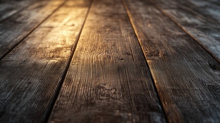 Dark wooden floor with dramatic warm lighting highlighting rustic textures. Vintage atmosphere