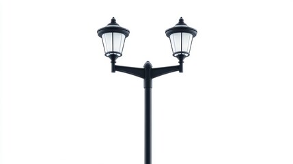 Vintage black lamp post against white background, urban streetlight decoration concept